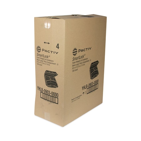 Pactiv SmartLock Foam Hinged Container, Large, 9x9.5x3.25, 3-Comp, Blk, PK150 YHLB09030000